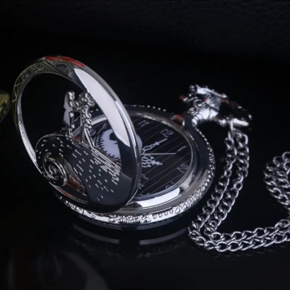 Nightmare Before Christmas Silver Quartz Jack Pocket Watch Pendant w/ 32" Chain - Picture 3 of 14